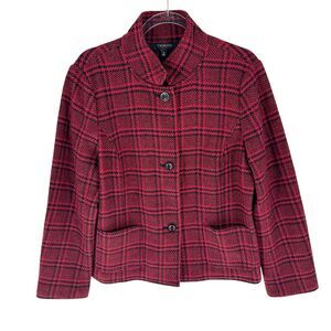 Talbots Jacket Womens 16 Red Black Plaid Wool Blend Blazer Classic Office Career